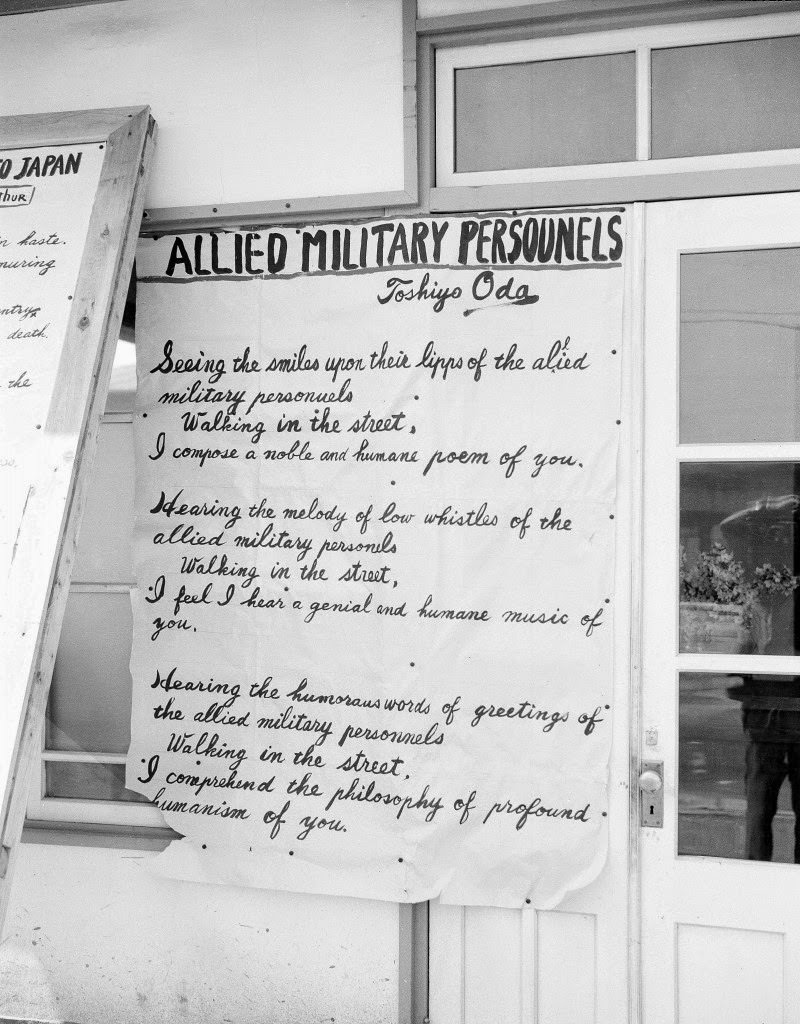 #91 Shown are some of the signs displayed by Toshiyo Oda, a Tokyo contractor who has been running a one man campaign, “MacArthur For President,” to attract attention to himself and his organization from the Allied personnel in Tokyo, 1948.