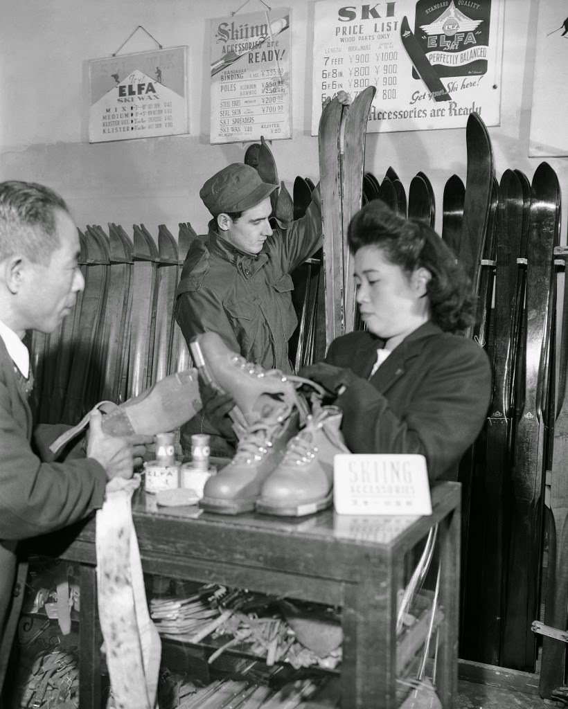 #96 Using aluminum which had been earmarked for the production of Japanese war planes, Japanese ski manufacturers have been allocated the material to turn out sporting articles, skis and parts riding the slopes instead of the clouds. Looking over the first shipment in Tokyo, 1947.