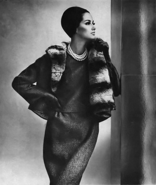 #11 Veronica Hamel in a gray French wool suit, 1964.