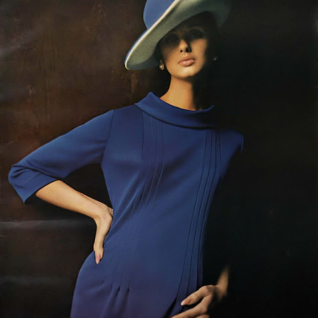 #21 Veronica Hamel in a body-skimming, tucked-front, double-knit Celara dress, 1965.