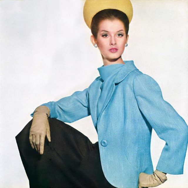 #3 Veronica Hamel in a blue linen-weave cut-away jacket, 1964.