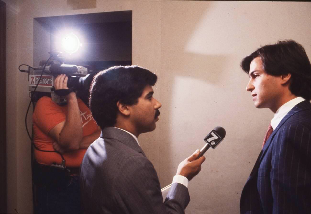 #5 Steve Jobs being interviewed before his speech at the University of Texas student union, 1985.