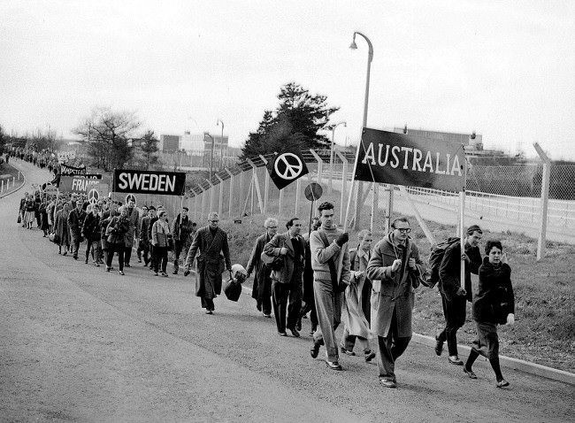 #3 The Australian and Swedish contingents in the anti-H bomb march from the Atomic Weapons Research Establishment at Aldermaston, Berkshire, to London, 1959.