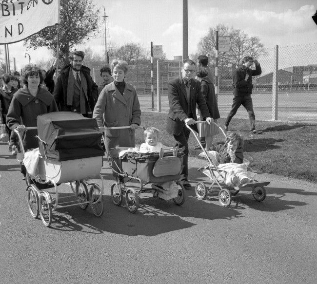 #30 Prams and baby passengers setting off for Reading on the first stage of the Campaign for Nuclear Disarmament’s Aldermaston march to London, 1963.