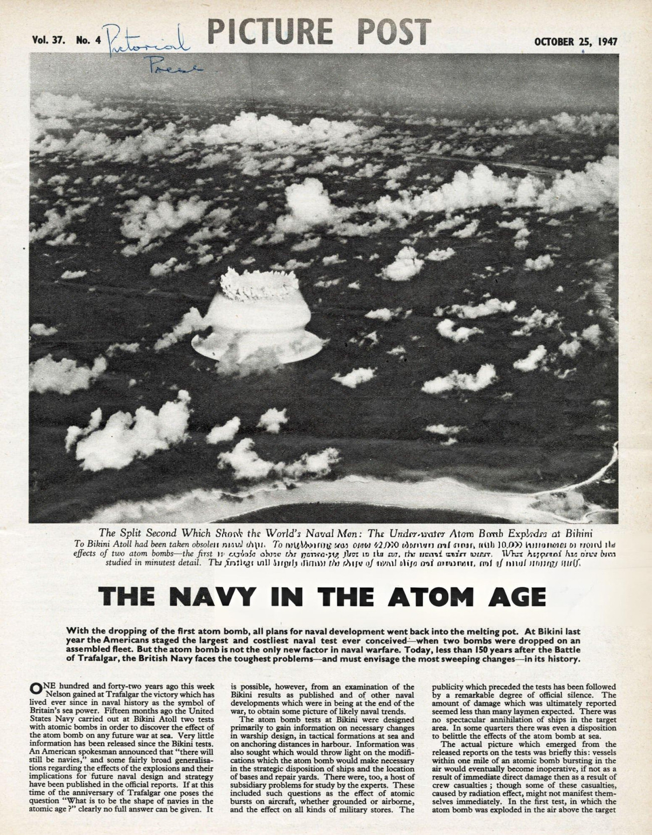 #4 An illustration shows a mushroom cloud created in the Operation Crossroads nuclear weapons tests conducted at Bikini Atoll, 1946.