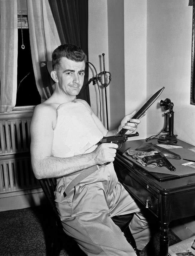 #19 Associated Press war correspondent J. Wes Gallagher arrived in New York by plane on June 6, 1943, from the North African front with two reminders of the war, a cast around his body and a souvenir collection of axis guns. Gallagher suffered a compression-type spine fracture in a jeep accident near Bizerte. 1943