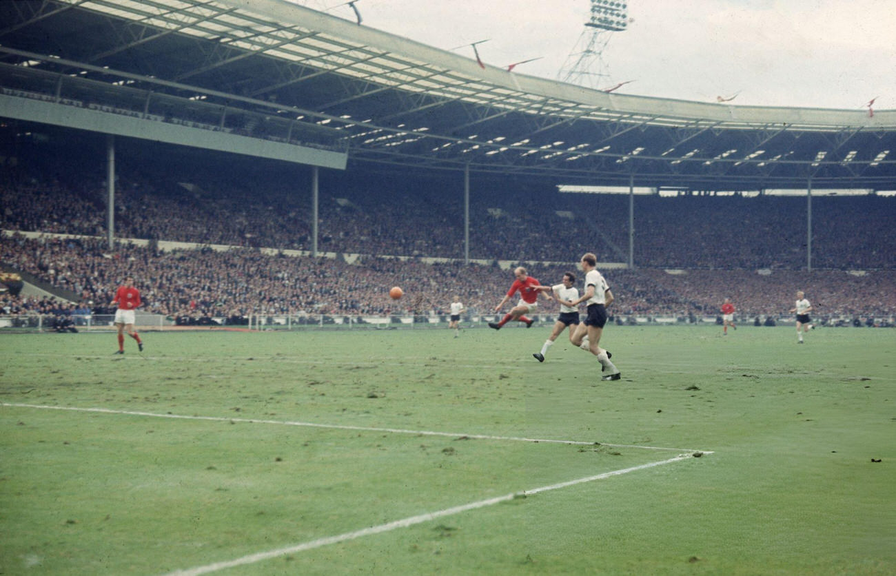 #30 Bobby Charlton volleys the ball during the World Cup Final, 1966.