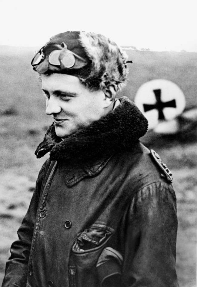 German airman Manfred von Richthofen, called the “Red Baron,” is shown returning from a mission at his squadron’s aerodrome at the Front in World War I in 1916.