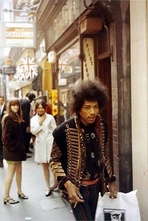 #21 Jimi Hendrix on Carnaby Street in London, 1967.