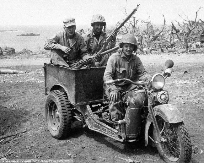 #39 Japanese 3 wheel motorcycle repaired by U.S. Marines for own use. Photographed as action continued on Iwo Jima, Japan, 1945.