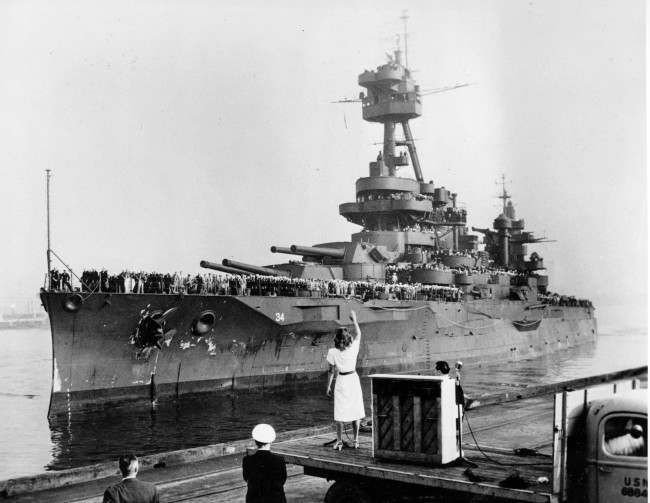 #45 The battleship USS New York, veteran of the Okinawa and Iwo Jima campaigns, returns with World War II veterans at San Pedro, Ca., 1945.