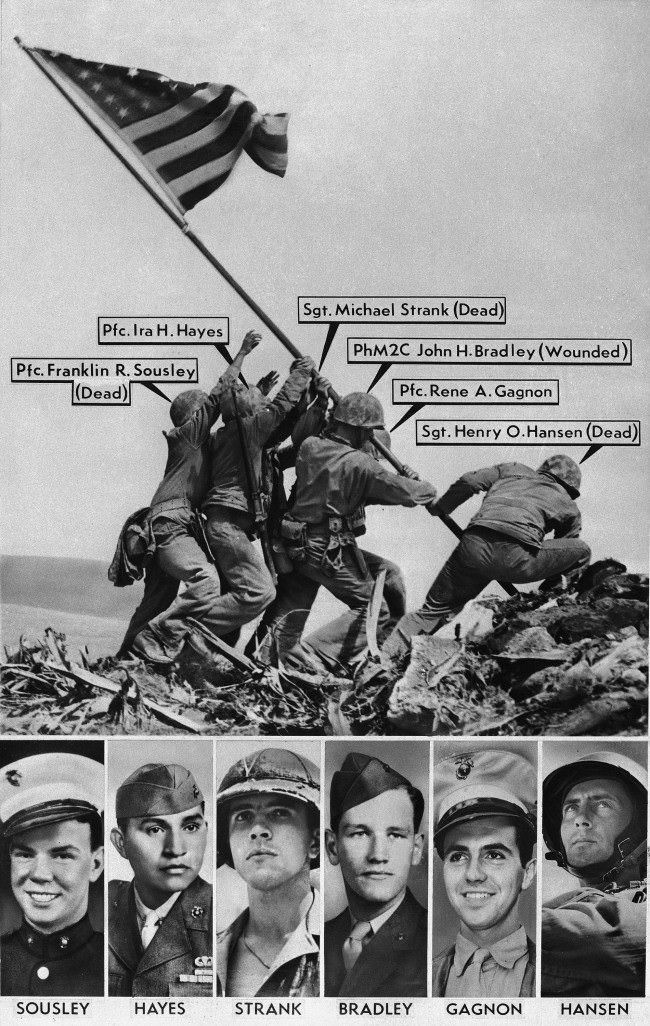 #6 Joe Rosenthal’s Pulitzer Prize winning photo of the flag raising on Mt. Suribachi, Iwo Jima, was originally misidentified by military sources. Originally identified, from left, in this vintage graphic: Pfc. Franklin R. Sousley; Pfc. Ira Hayes; Sgt. Michael Strank; Pharmacist’s Mate 2nd Class John H. Bradley; Pfc. Rene A. Gagnon; Sgt. Henry O. Hansen. The Marine at far right was later correctly identified as Cpl. Harlon Block, not Hansen, 1945.