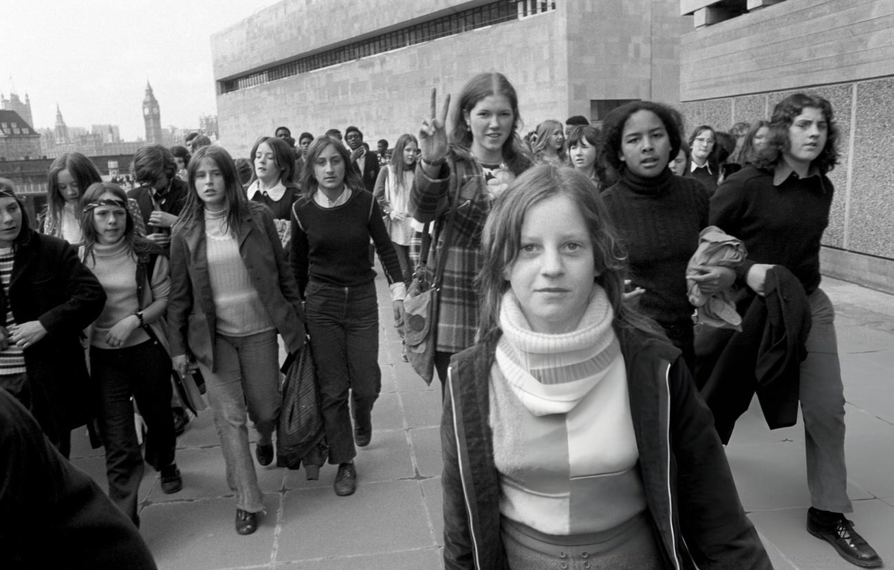 #15 Schoolchildren taking part in a protest march on their way to the South Bank, London, 1972.