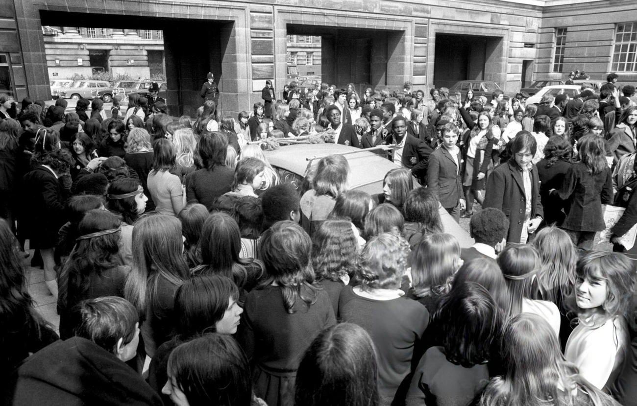 #17 London schoolchildren take part in a mass rally at County Hall, organized by the Schools Action Union, 1972.
