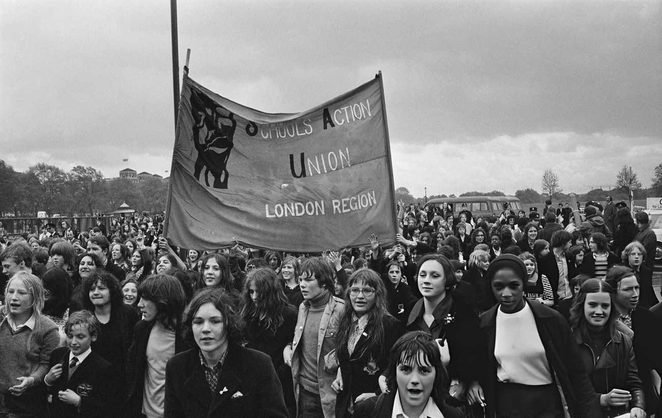 #3 School children march to County Hall as part of a demonstration for the School Action Union against school dinners, caning, and school uniforms, London, 1972.