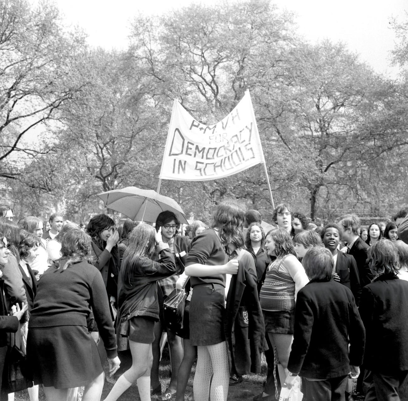 #23 A group of schoolchildren hold a ‘pupil power’ demonstration at Speaker’s Corner in Hyde Park, 1972.