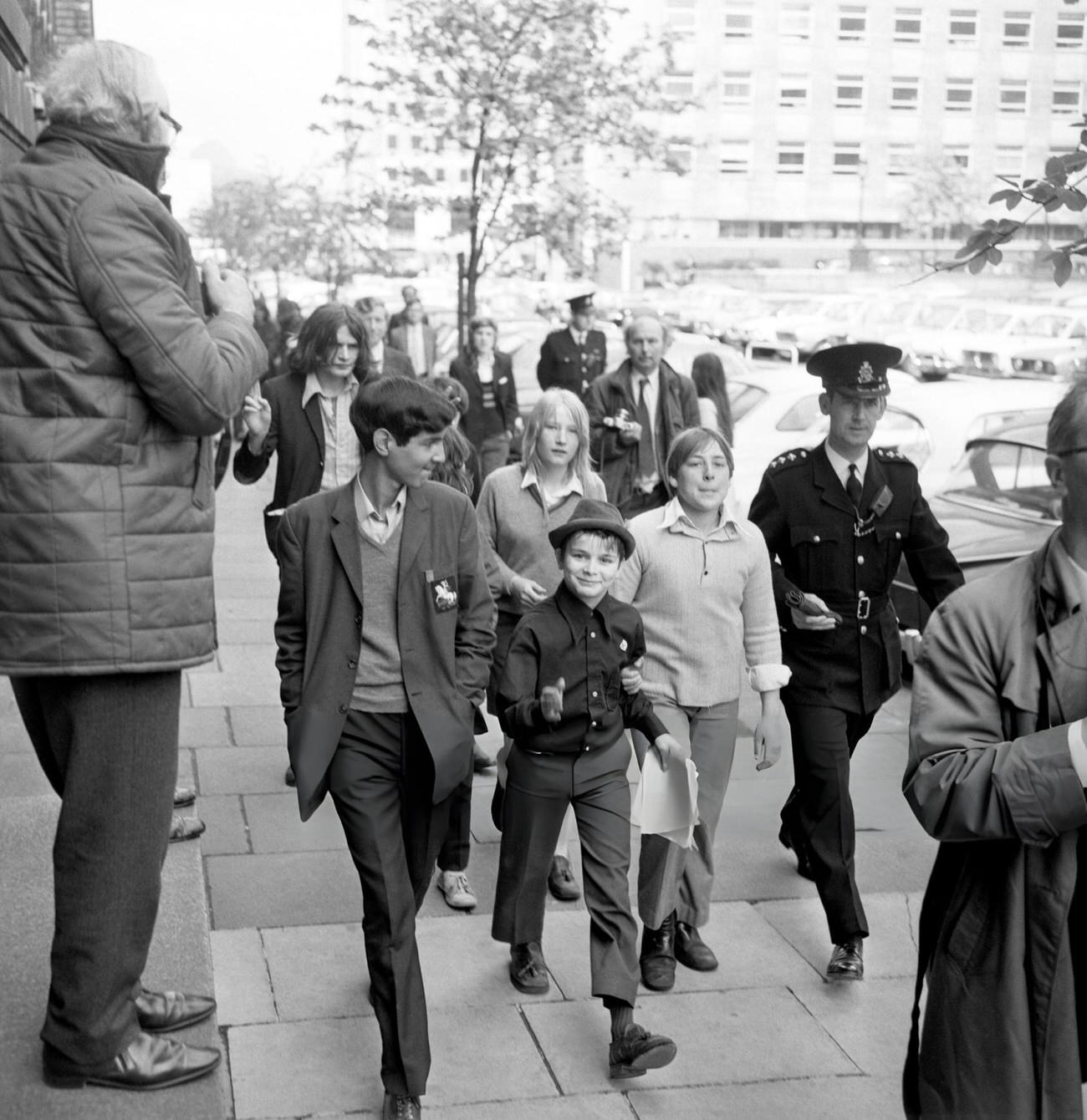 #26 Schoolchildren taking part in a ‘pupil power’ demonstration march towards County Hall, 1972.