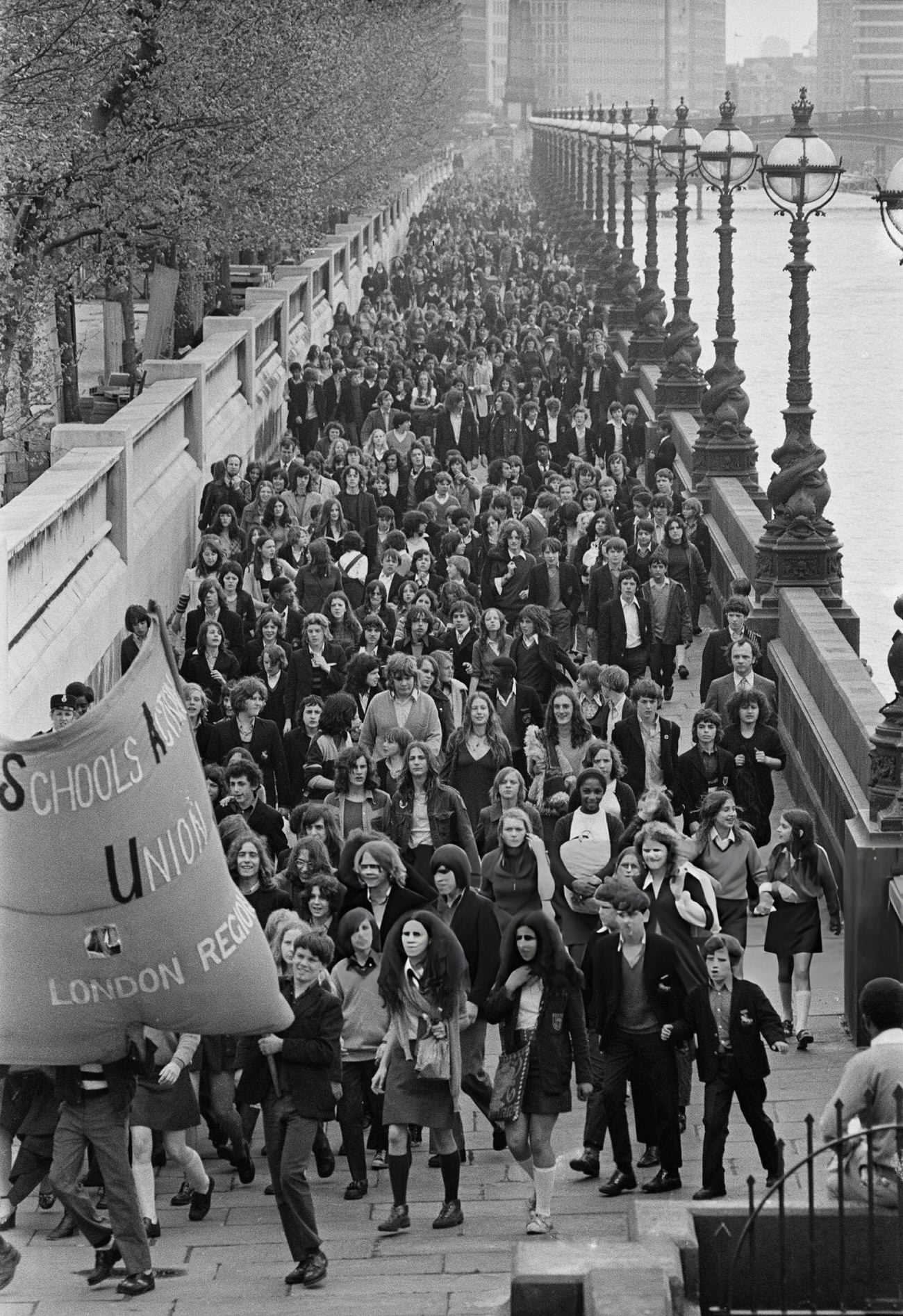 #5 School children march to County Hall as part of a demonstration for the School Action Union against school dinners, caning, and school uniforms, London, 1972.