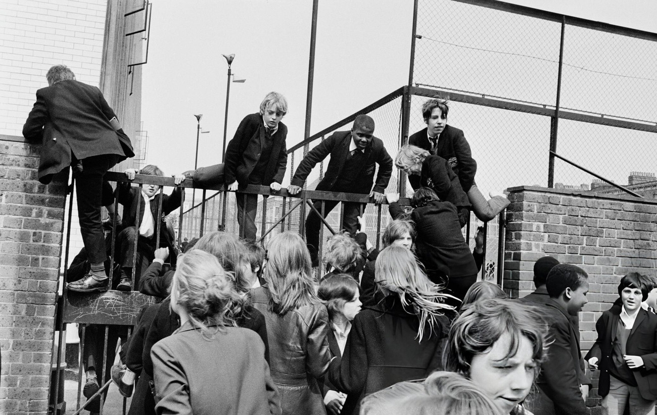 #9 Male pupils of Rutherford School and female pupils of Sarah Siddons Comprehensive join forces to strike against caning, detention, uniforms and headmaster dictatorships, Marylebone, London, 1972.