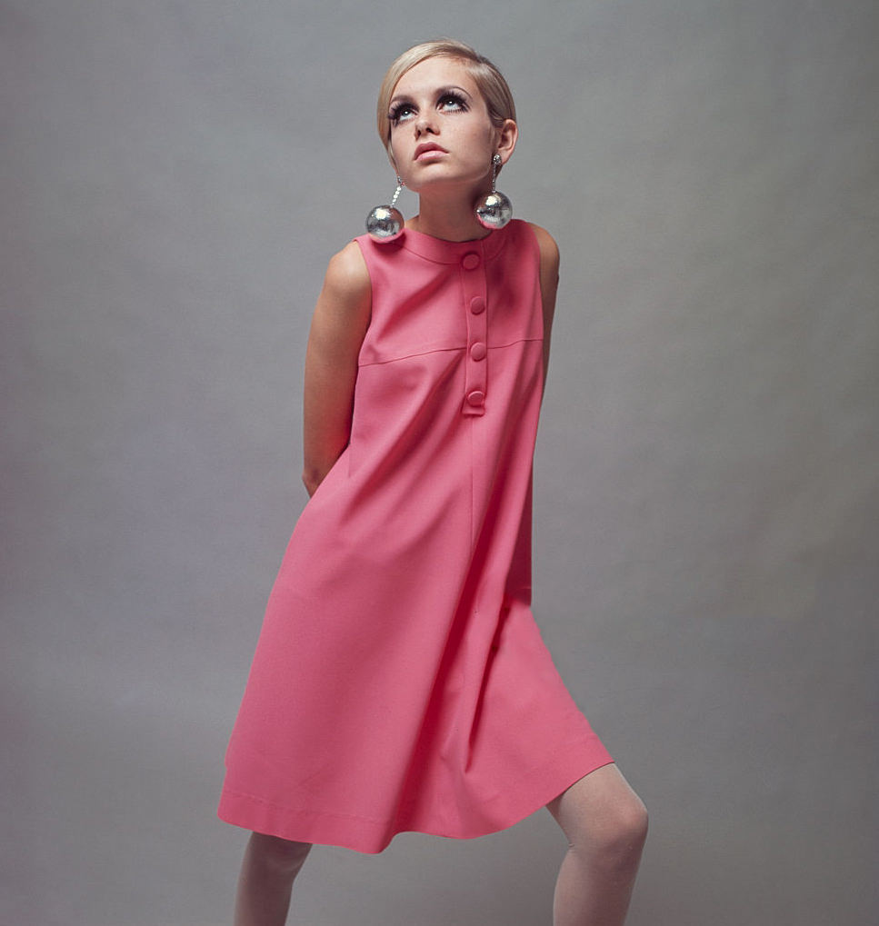 #10 Twiggy became synonymous with Quant’s designs during the Sixties, in particular this pink a-line dress from 1966