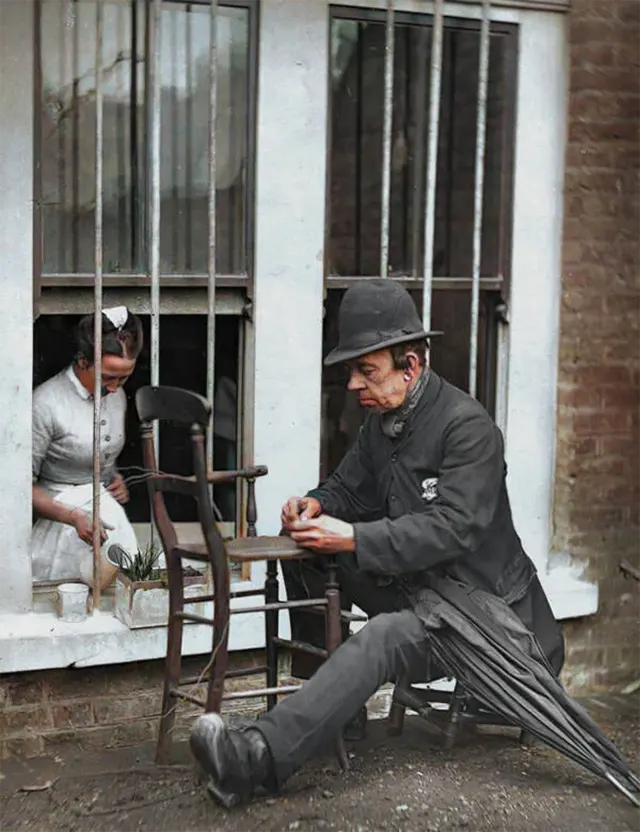 “Caney,” a beloved clown, turned to mending chairs after a vein burst in his leg, 1890s.