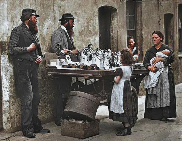 Street vendors selling “fancy” goods, 1890s.