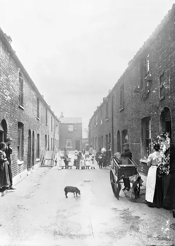 #17 A man selling meat for cats walks down the street of a London slum. The man pushes a cart with a cat strolling between the wheels. 1900s.
