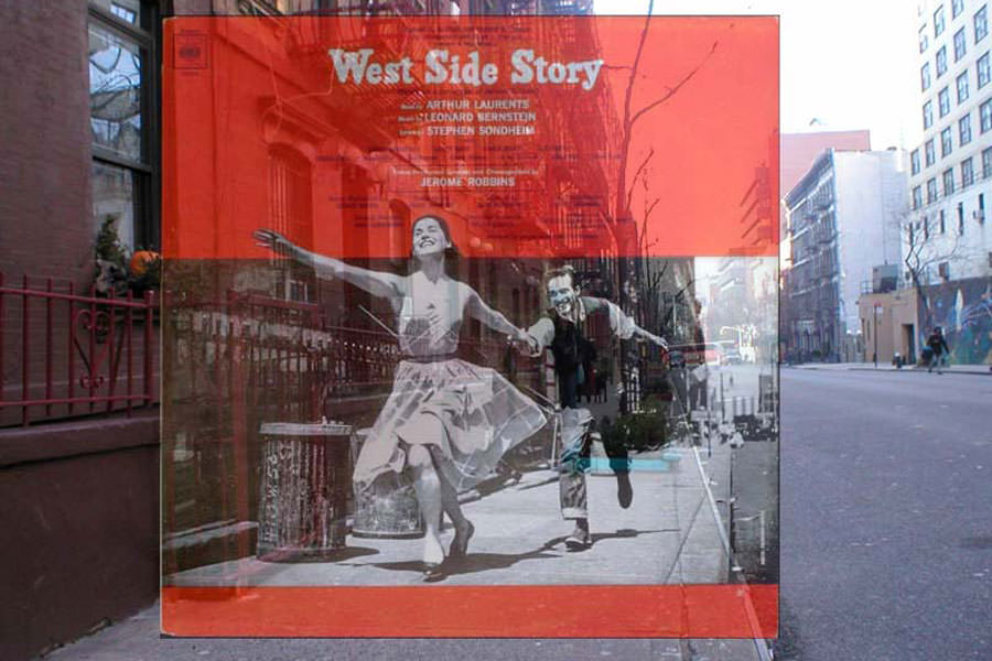 Here’s the cover of ‘West Side Story’, the 1957 Leonard Bernstein musical, superimposed on the street as it looks tonight, tonight.