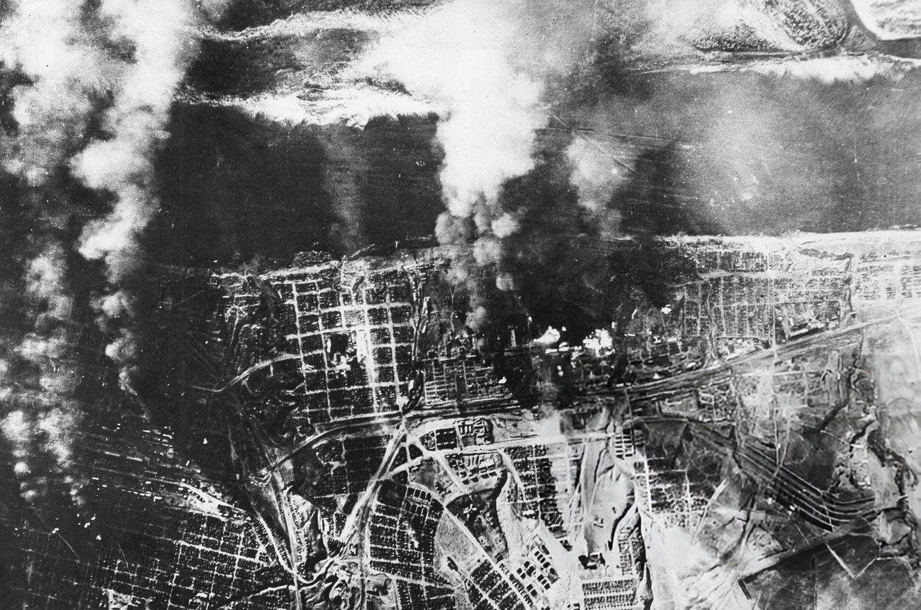 #23 Aerial view of Stalingrad during a German military air raid, 1942.