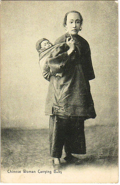 #13 This lady carrying her baby on her back does not appear to have had her feet bound. If she was from the province of Guangdong (Canton), this may have meant she was a younger daughter in a poor family.