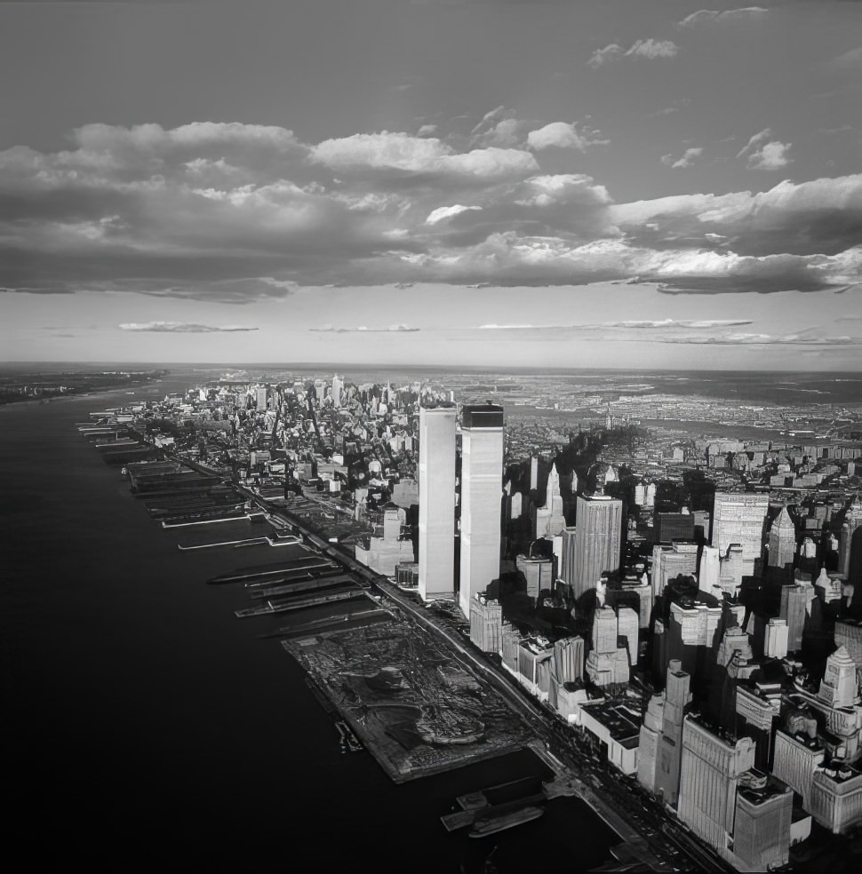 #1 Aerial view of Manhattan with the new, nearly completed World Trade Center’s Twin Towers dominating the southern rim of the island, 1971.