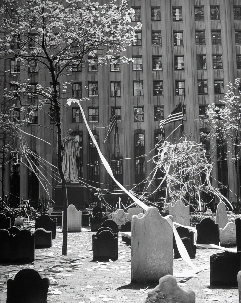 #10 Tangled streamers and confetti thrown by people celebrating the end of the war in Europe litter headstones and the grounds of Trinity Church’s venerable cemetery at the foot of Wall Street, 1945.