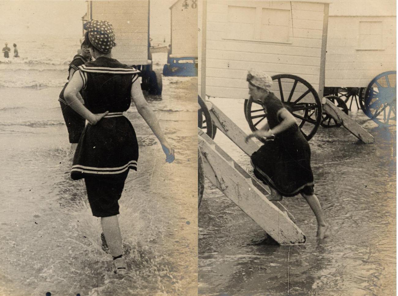 #10 A group of women go bathing making use of that curious Victorian invention the bathing machine.