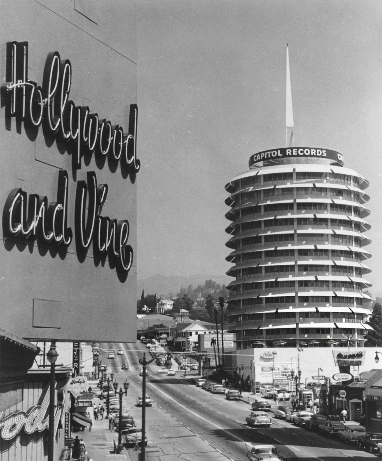 #46 Hollywood & Vine sign with the Capitol Records Building, 1957.