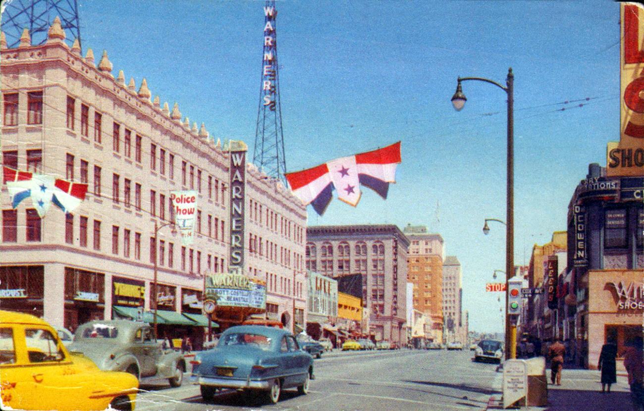 #57 Hollywood Blvd. & Wilcox 1950s. Featuring the Warners Building – now the Pacific Building