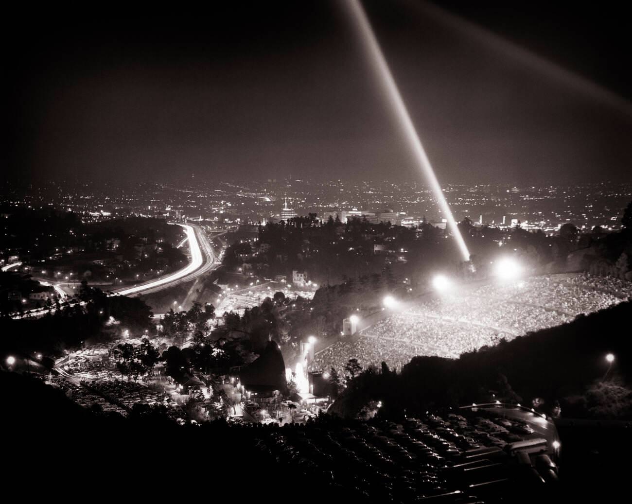 #12 The Hollywood Bowl with searchlight fanfare during a premier, 1960s.