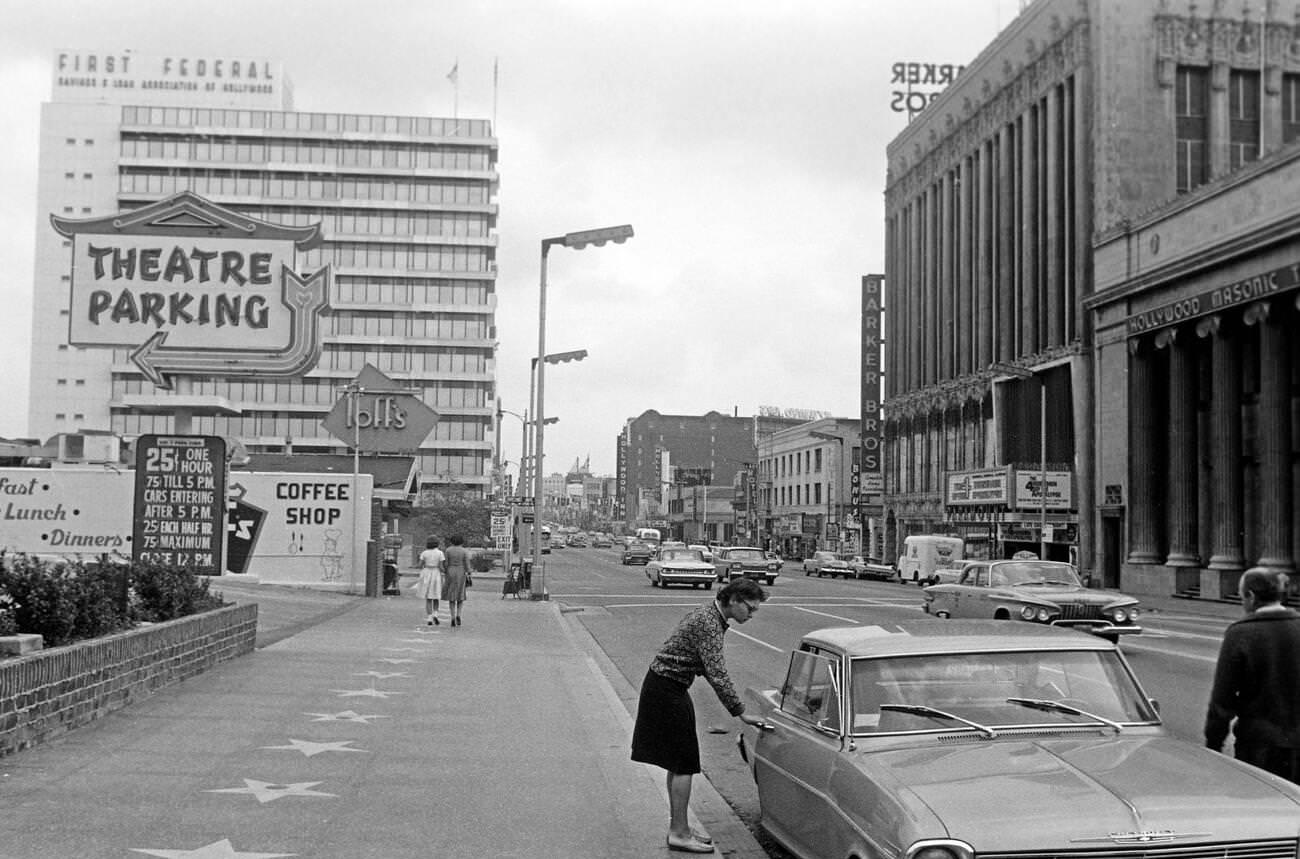 #5 View over Hollywood Boulevard, several stars of various celebrities are emblazoned on the left pavement, Los Angeles, 1962.