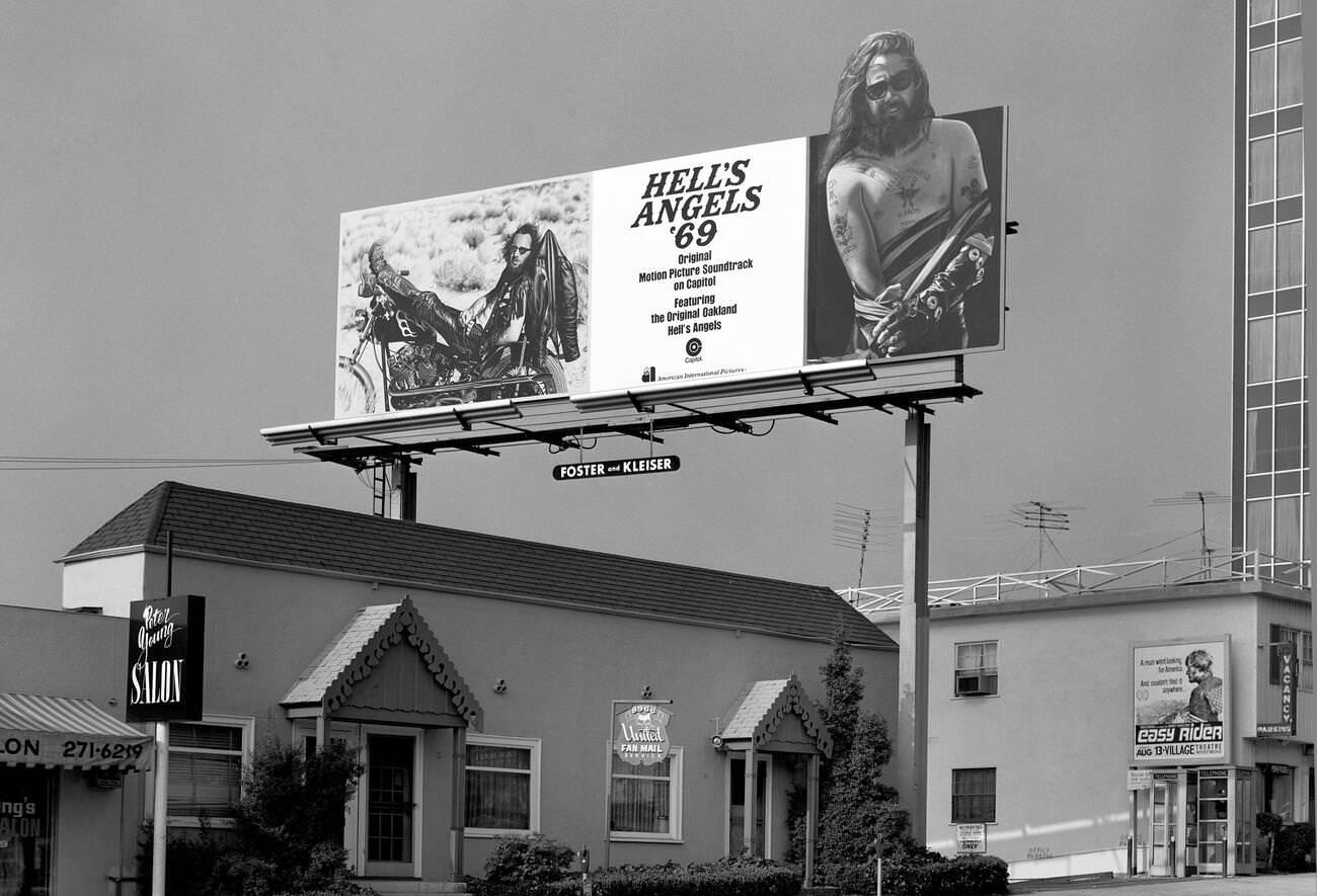 #6 Billboard advertising the movie “Hells Angels ’69” on Sunset Strip, West Hollywood, Los Angeles, California, 1969.