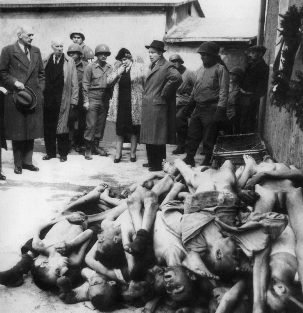 #19 British MPs and journalists are shown corpses at the Nazi concentration camp after liberation, 1945.