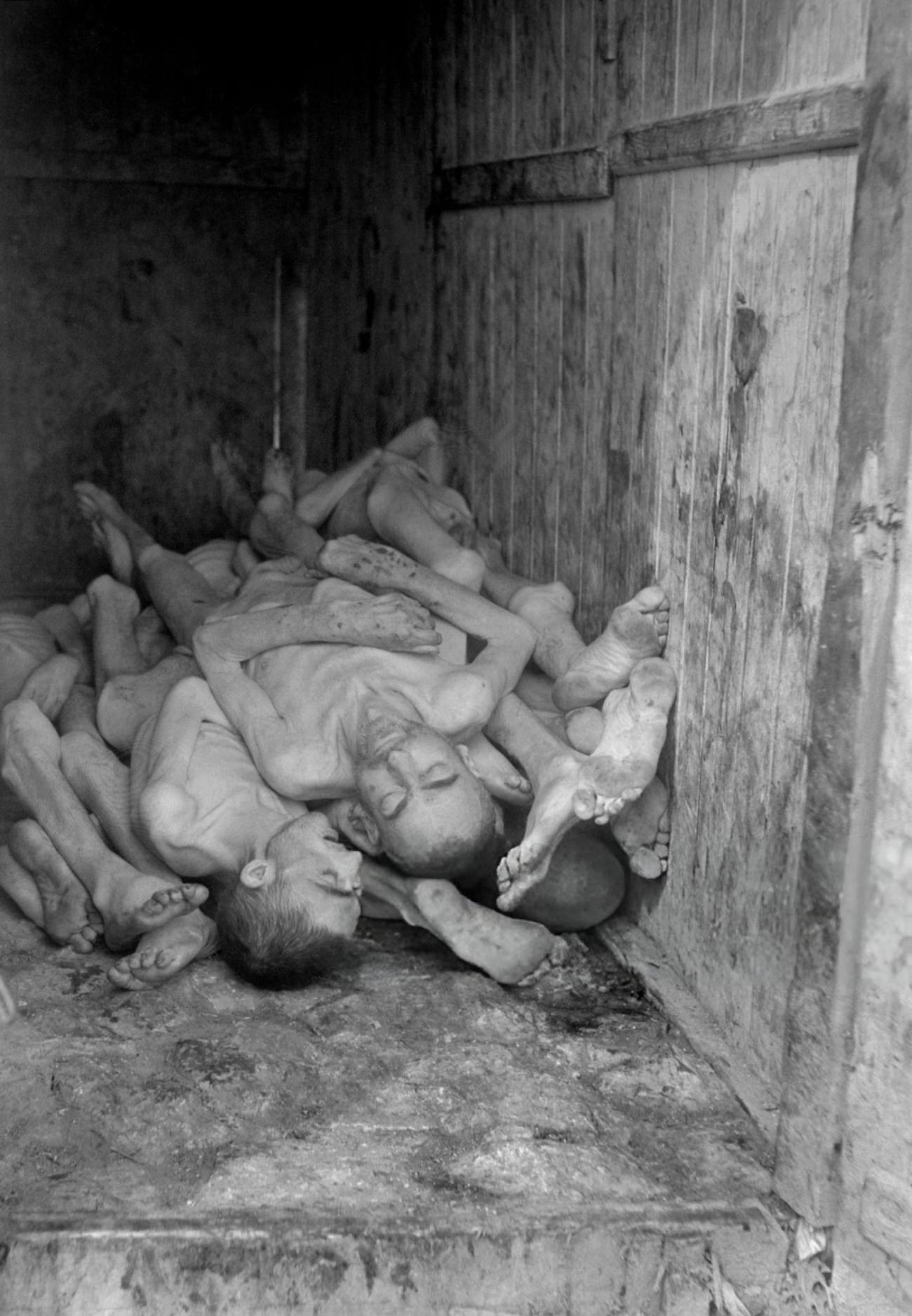 #28 Corpses of prisoners are seen piled up at the Nazi concentration camp of Buchenwald, 1945.