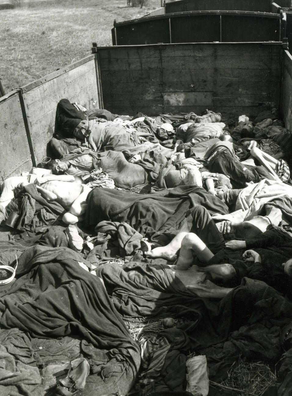#4 Buchenwald concentration camp railtruck full of dead POWs found after liberation of the camp by US Army, 1945.
