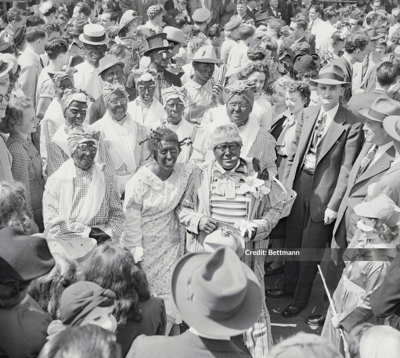 #12 A Group of Solid Citizens Disguised with Burnt Cork, Bandannas, and Dresses as “Praline Mammies,” 1940s.