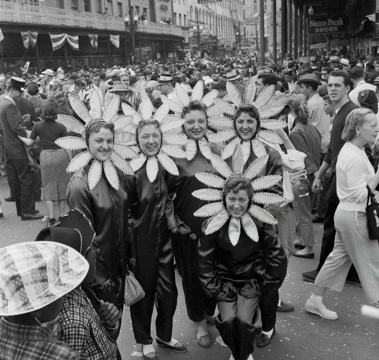 #55 A Group of Girls in Sunflower Costumes at the New Orleans Mardi Gras Parade, 1950s.