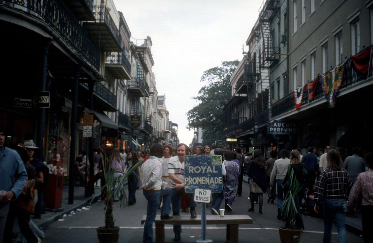 #77 View of Pedestrians on a Closed Street During the Mardi Gras Parade, 1973.