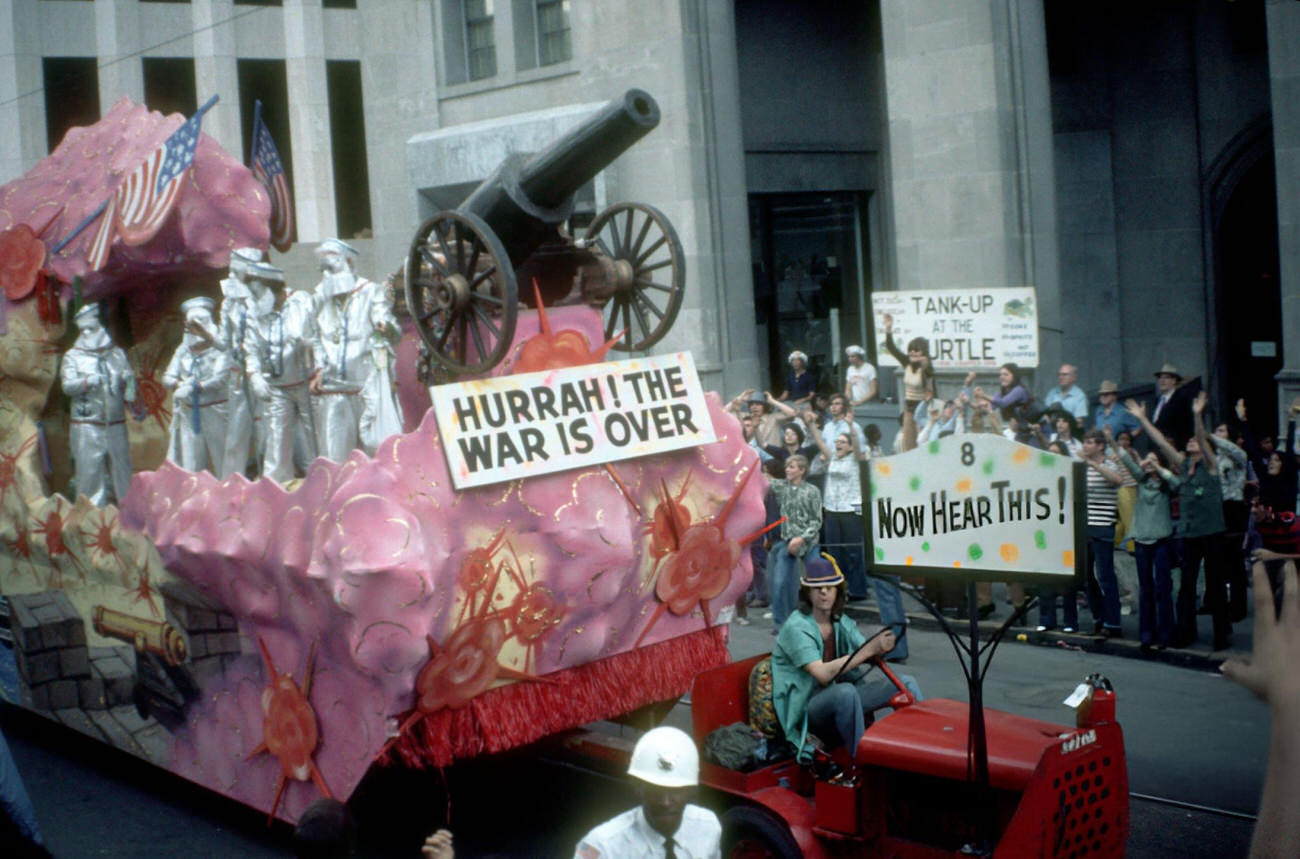 #79 View of a Float That Carries a Cannon and a Sign Which Reads ‘Hurrah! The War is Over’ in the Mardi Gras Parade, 1973.
