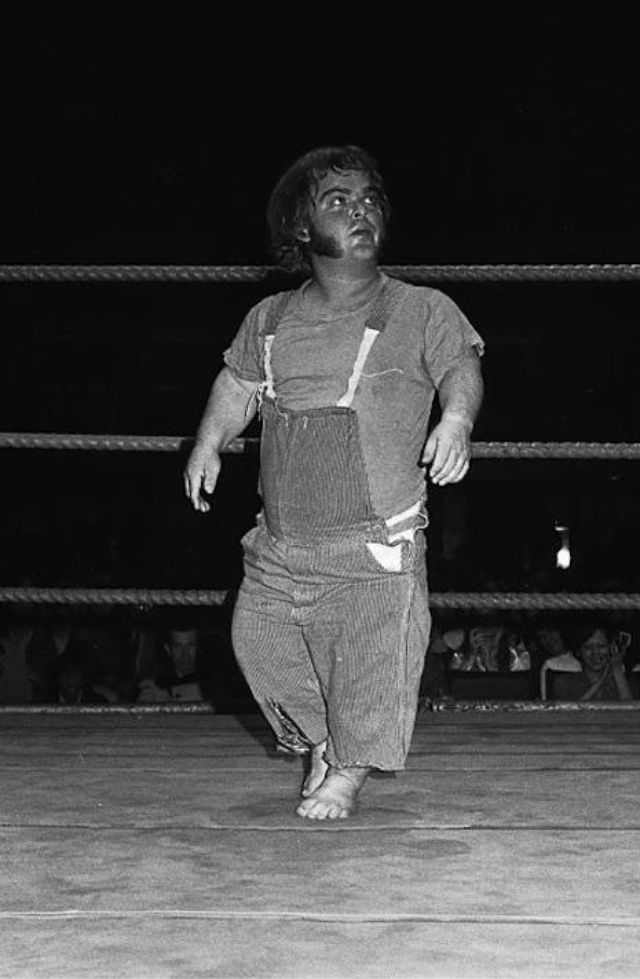 #16 Farmer Pete wrestling in Milwaukee, December 3, 1972. Due to the lack of complete records, it is believed that Farmer Pete was World Champion for seven days in 1957, after beating Sonny Boy Cassidy, who won the title back in a rematch in October the same year.