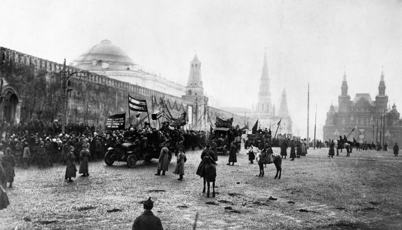 #8 A Communist rally parade demonstration in Red Square, Moscow, 1920s.