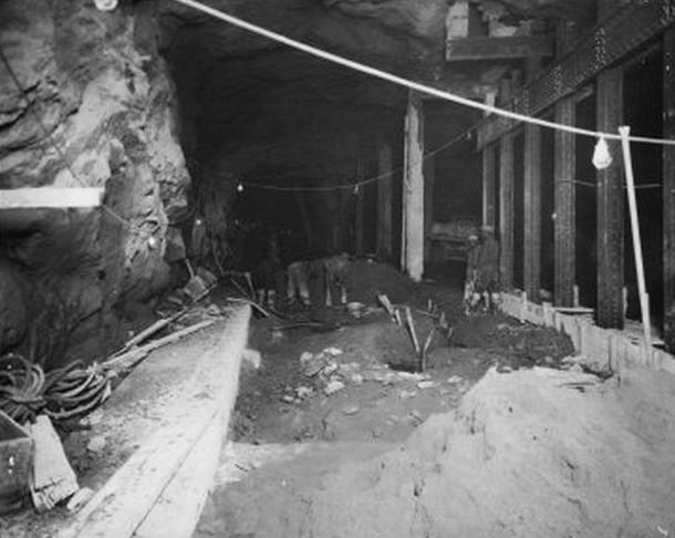 #10 Independent Subway Construction, 173rd to 177th Street under Broadway. Workers in tunnel in background. April 1928.