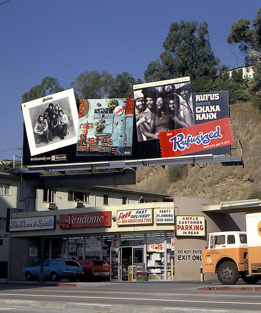 Vintage Music Billboards on Sunset Boulevard, California from the Mid-1970s Music