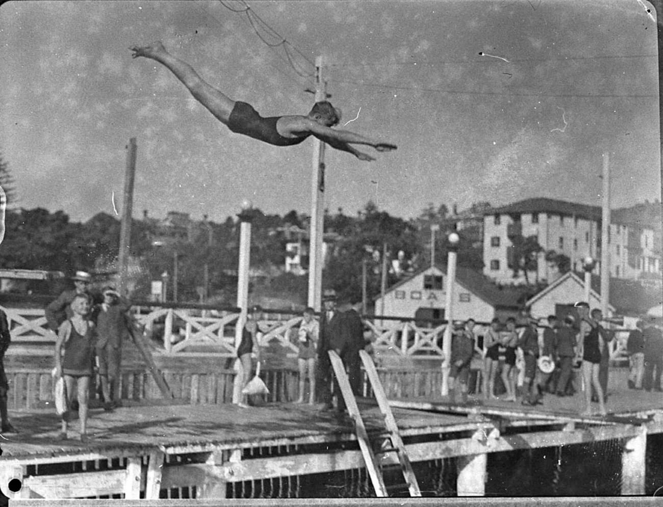 #35 A young diver at St Aloysius College swimming at Manly, March 1935.